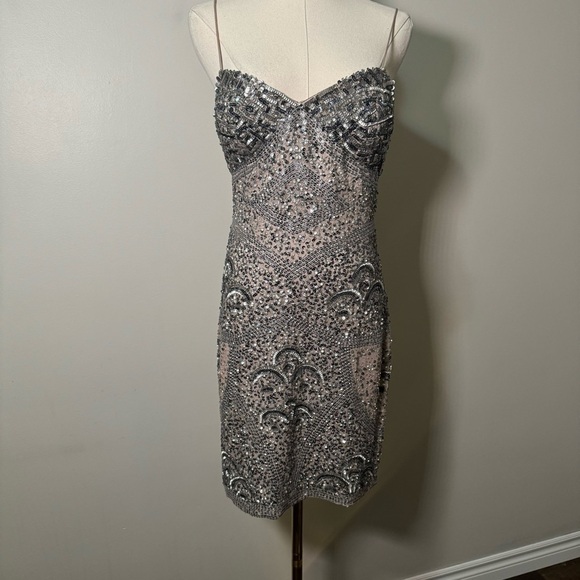 Aidan Mattox beaded cocktail dress 6 100% silk flapper glam boho Hollywood - Picture 7 of 12